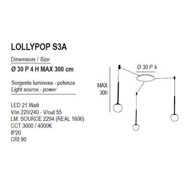 LOLLYPOP SOSPENSIONE 3 LUCI DECENTRATA LED 21W CCT 3000K-4000K IN METALLO 3 COLORI MODERNA