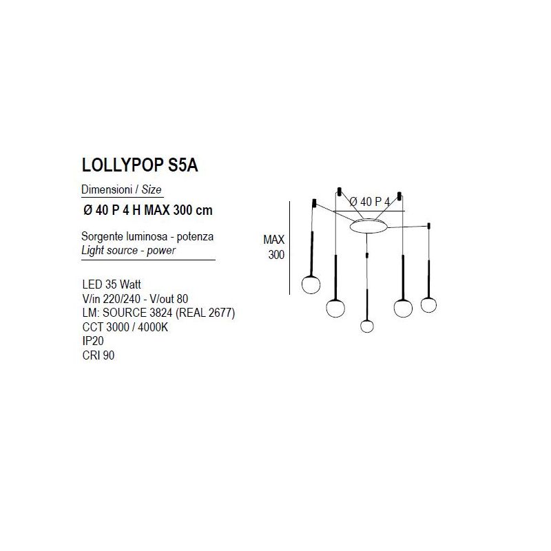 LOLLYPOP SOSPENSIONE 5 LUCI DECENTRATA LED 35W CCT 3000K-4000K IN METALLO 3 COLORI MODERNA