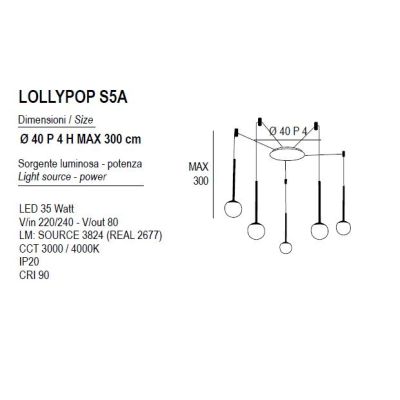 LOLLYPOP SOSPENSIONE 5 LUCI DECENTRATA LED 35W CCT 3000K-4000K IN METALLO 3 COLORI MODERNA