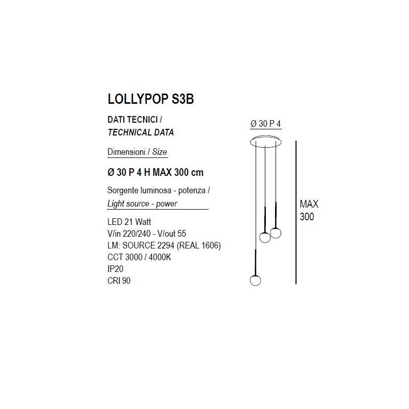 LOLLYPOP SOSPENSIONE ROTONDA 3 LUCI LED 21W CCT 3000K-4000K D30 CM IN METALLO 3 COLORI MODERNA
