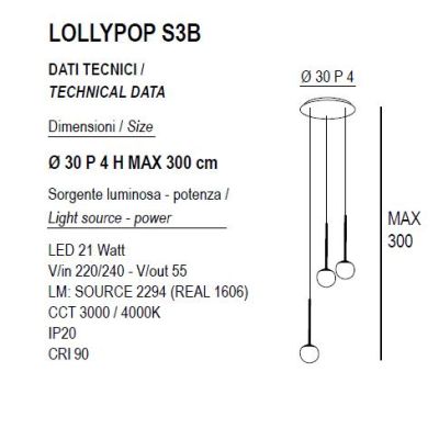 LOLLYPOP SOSPENSIONE ROTONDA 3 LUCI LED 21W CCT 3000K-4000K D30 CM IN METALLO 3 COLORI MODERNA