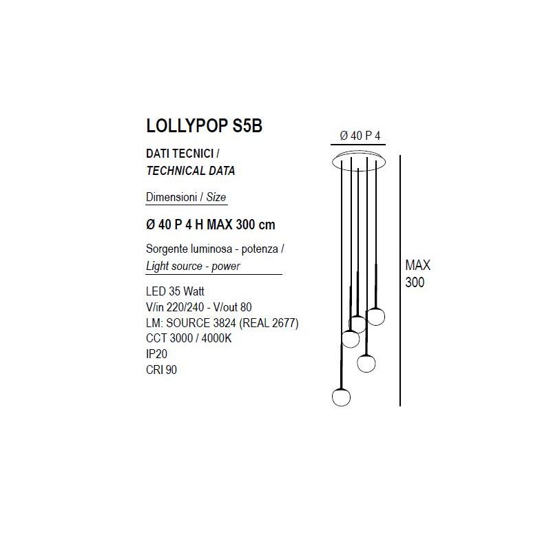 LOLLYPOP SOSPENSIONE ROTONDA 5 LUCI LED 35W CCT 3000K-4000K D40 CM IN METALLO 3 COLORI MODERNA