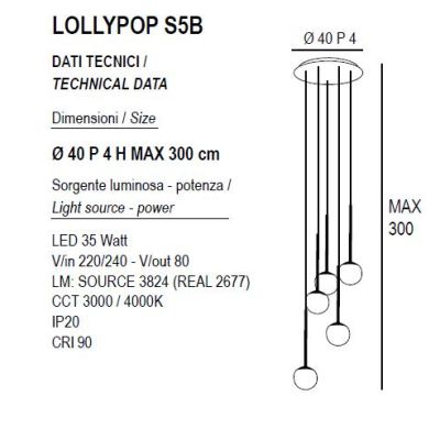 LOLLYPOP SOSPENSIONE ROTONDA 5 LUCI LED 35W CCT 3000K-4000K D40 CM IN METALLO 3 COLORI MODERNA