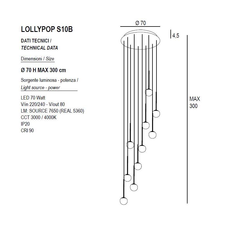 LOLLYPOP SOSPENSIONE ROTONDA 10 LUCI LED 70W CCT 3000K-4000K D70 CM IN METALLO 3 COLORI MODERNA