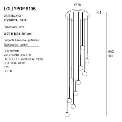 LOLLYPOP SOSPENSIONE ROTONDA 10 LUCI LED 70W CCT 3000K-4000K D70 CM IN METALLO 3 COLORI MODERNA