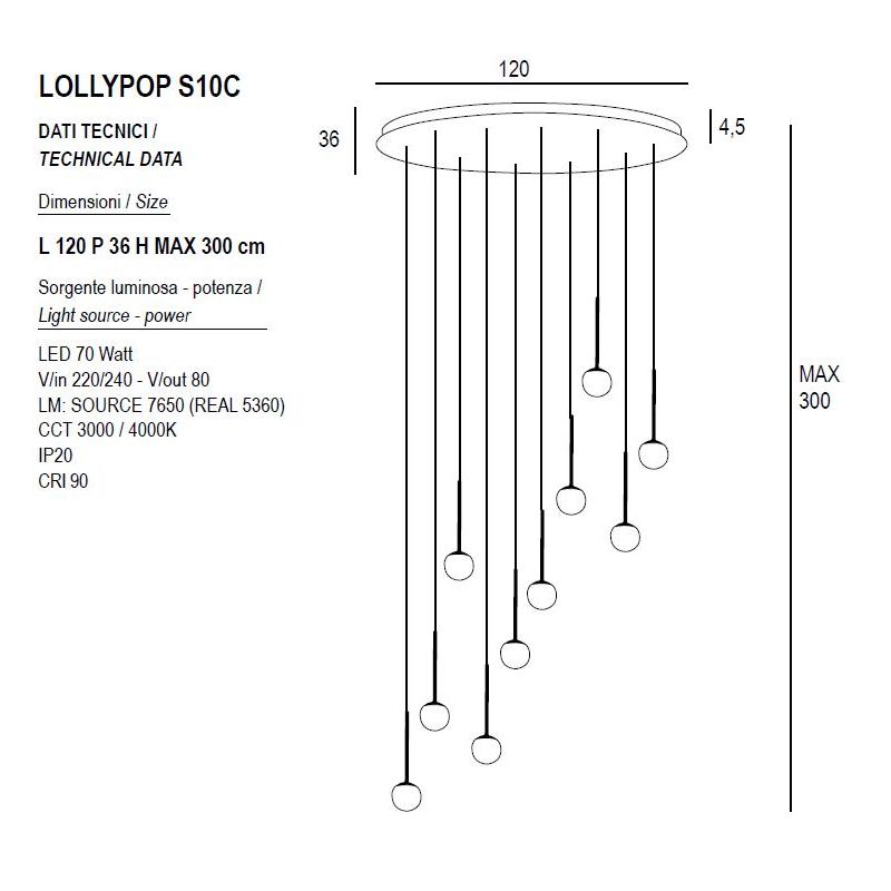 LOLLYPOP SOSPENSIONE OVALE 10 LUCI LED 70W CCT 3000K-4000K IN METALLO 3 COLORI MODERNA LARGHEZZA 120 CM