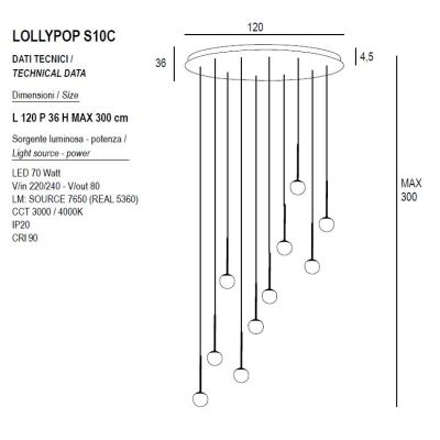 LOLLYPOP SOSPENSIONE OVALE 10 LUCI LED 70W CCT 3000K-4000K IN METALLO 3 COLORI MODERNA LARGHEZZA 120 CM