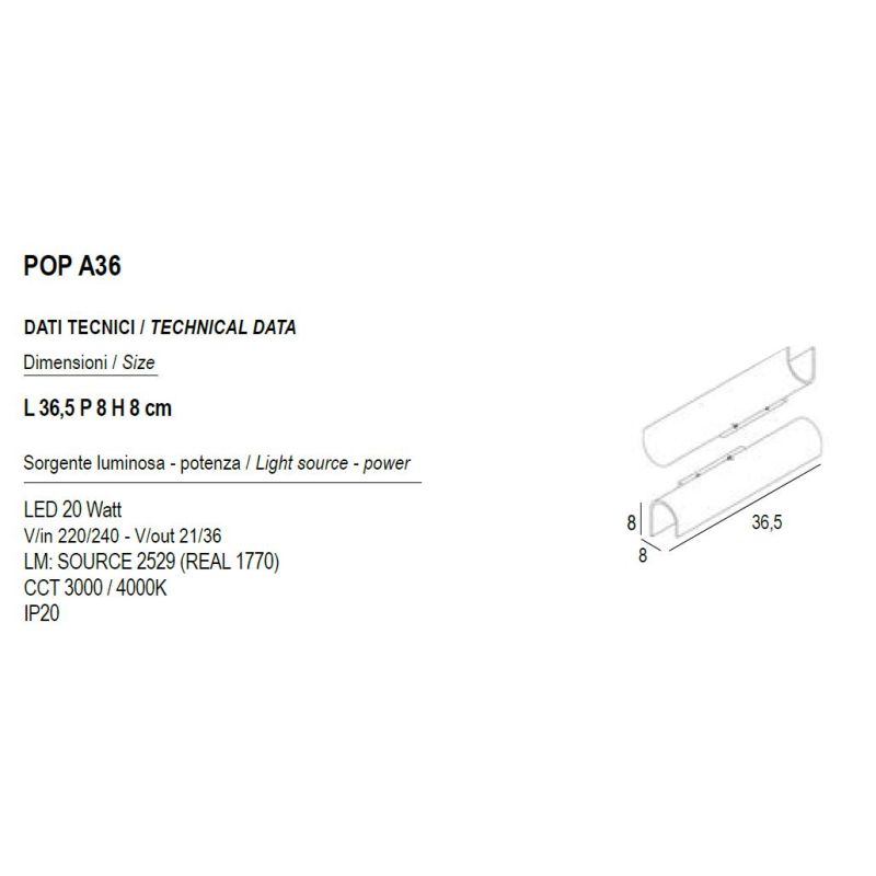 LAMPADA DA PARETE A LED 20W LUCE CCT 3000K-4000K IN METALLO 20 COLORI MODERNA LUNGHEZZA 36 CM