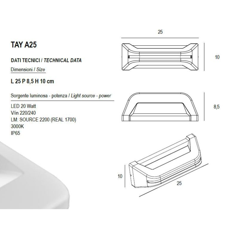 TAY APPLIQUE DA ESTERNO IP65 LED 20W LUCE 3000K ANTRACITE E BIANCA LUCE DIFFUSA DESIGN MODERNO
