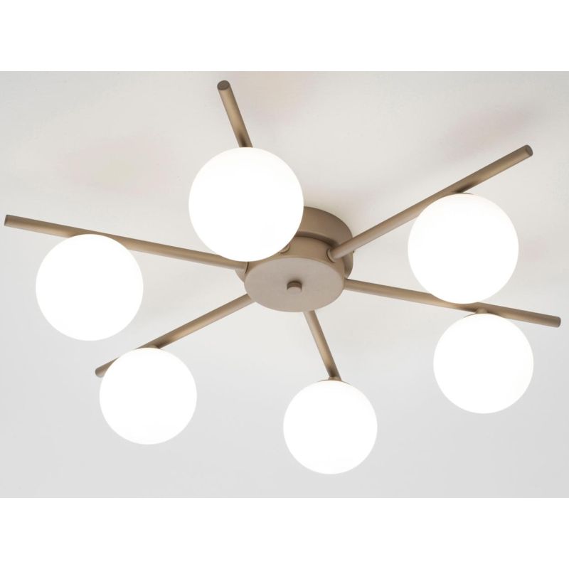NIVIS PLAFONIERA  A STELLA 6 LUCI SABBIA E ANTRACITE CON SFERE IN VETRO LAMPADINE ATTACCO G9 D58 CM