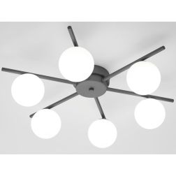 NIVIS PLAFONIERA  A STELLA 6 LUCI SABBIA E ANTRACITE CON SFERE IN VETRO LAMPADINE ATTACCO G9 D58 CM