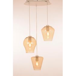 PAGODA SOSPENSIONE 3 LUCI CON SFERE IN VETRO COLOR AMBRA E BASE IN METALLO BIANCO LAMPADINE ATTACCO E27 2