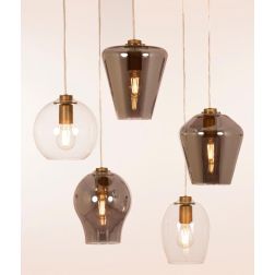 PAGODA SOSPENSIONE 5 LUCI CON SFERE IN VETRO TRASPARENTI E FUME E BASE IN METALLO ORO LAMPADINE ATTACCO E27 2