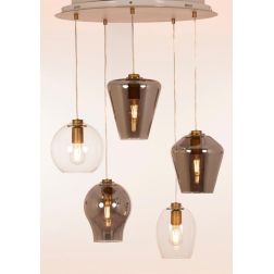 PAGODA SOSPENSIONE 5 LUCI CON SFERE IN VETRO TRASPARENTI E FUME E BASE IN METALLO ORO LAMPADINE ATTACCO E27