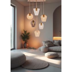 PAGODA SOSPENSIONE 6 LUCI CON SFERE IN VETRO AMBRA,TRASPARENTI E FUME E BASE IN METALLO ORO LAMPADINE ATTACCO E27 2