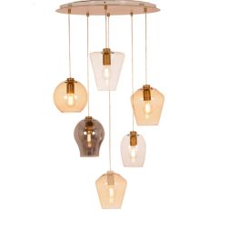 PAGODA SOSPENSIONE 6 LUCI CON SFERE IN VETRO AMBRA,TRASPARENTI E FUME E BASE IN METALLO ORO LAMPADINE ATTACCO E27