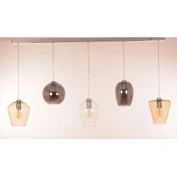 PAGODA SOSPENSIONE 5 LUCI LINEARE CON SFERE IN VETRO COLORATO E BASE IN METALLO CROMO LAMPADINE ATTACCO E27