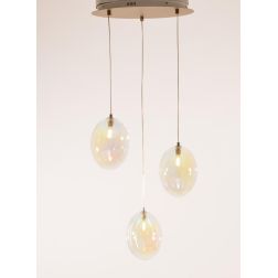 UVA SOSPENSIONE ROTONDA 3 LUCI D40 CM CON SFERE IN VETRO IRIDESCENTE E ROSONE IN 4 COLORI LAMPADINE G9