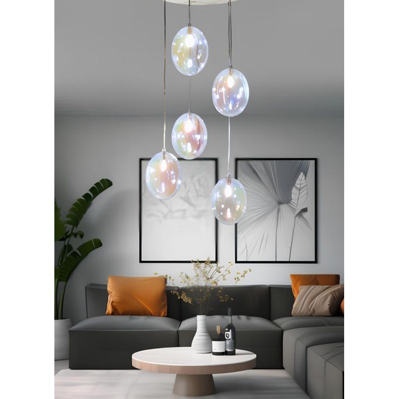 UVA SOSPENSIONE ROTONDA 5 LUCI D40 CM CON SFERE IN VETRO IRIDESCENTE E ROSONE IN 4 COLORI LAMPADINE G9