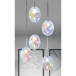 UVA SOSPENSIONE ROTONDA 5 LUCI D40 CM CON SFERE IN VETRO IRIDESCENTE E ROSONE IN 4 COLORI LAMPADINE G9 2