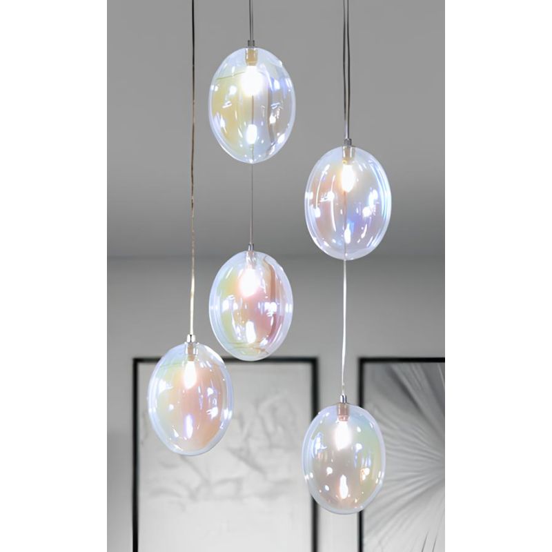 UVA SOSPENSIONE ROTONDA 5 LUCI D40 CM CON SFERE IN VETRO IRIDESCENTE E ROSONE IN 4 COLORI LAMPADINE G9