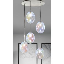 UVA SOSPENSIONE ROTONDA 5 LUCI D40 CM CON SFERE IN VETRO IRIDESCENTE E ROSONE IN 4 COLORI LAMPADINE G9