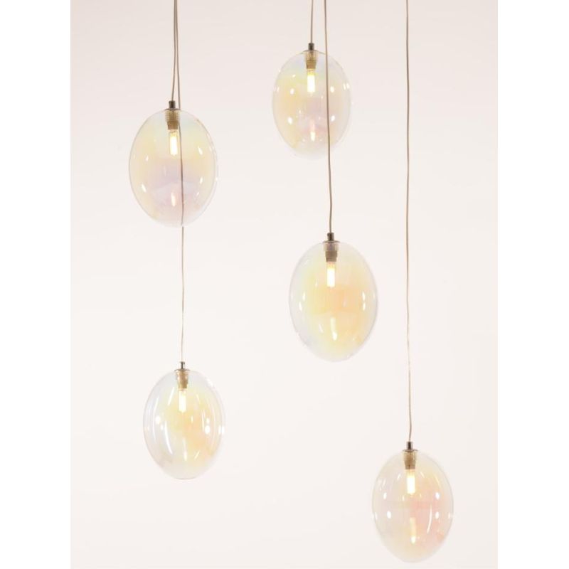 UVA SOSPENSIONE ROTONDA 5 LUCI D60 CM CON SFERE IN VETRO IRIDESCENTE E ROSONE IN 4 COLORI LAMPADINE G9