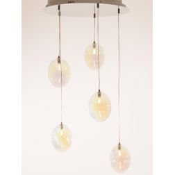 UVA SOSPENSIONE ROTONDA 5 LUCI D60 CM CON SFERE IN VETRO IRIDESCENTE E ROSONE IN 4 COLORI LAMPADINE G9
