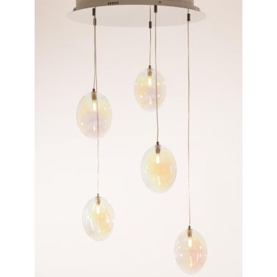 UVA SOSPENSIONE ROTONDA 5 LUCI D60 CM CON SFERE IN VETRO IRIDESCENTE E ROSONE IN 4 COLORI LAMPADINE G9