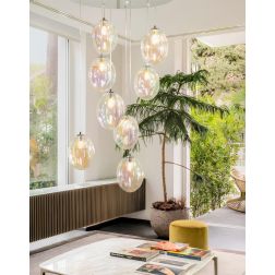 UVA SOSPENSIONE ROTONDA 8 LUCI D60 CM CON SFERE IN VETRO IRIDESCENTE E ROSONE IN 4 COLORI LAMPADINE G9