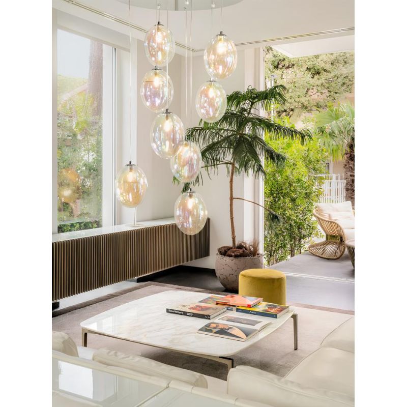 UVA SOSPENSIONE ROTONDA 8 LUCI D60 CM CON SFERE IN VETRO IRIDESCENTE E ROSONE IN 4 COLORI LAMPADINE G9