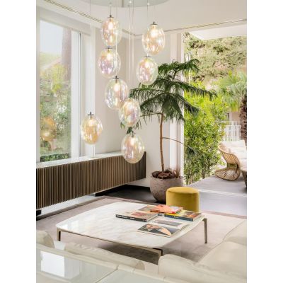 UVA SOSPENSIONE ROTONDA 8 LUCI D60 CM CON SFERE IN VETRO IRIDESCENTE E ROSONE IN 4 COLORI LAMPADINE G9