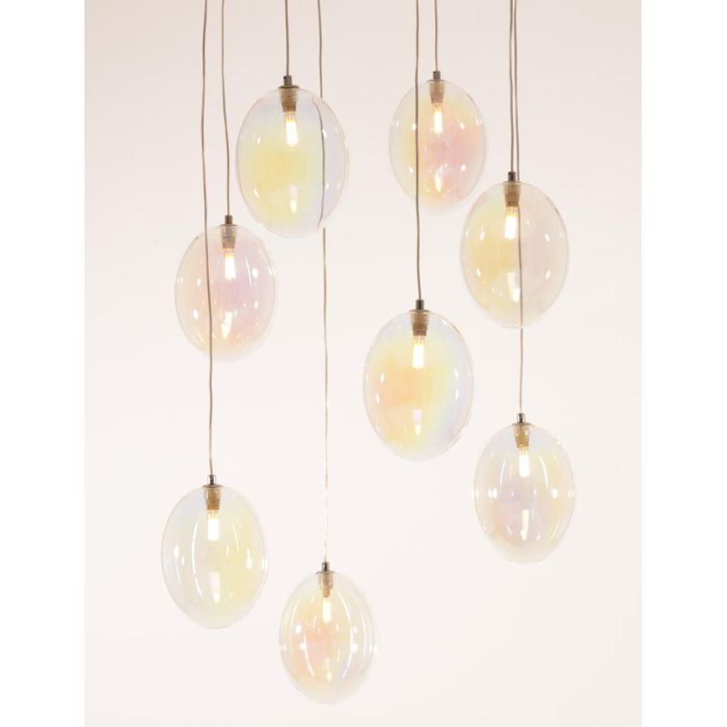 UVA SOSPENSIONE ROTONDA 8 LUCI D60 CM CON SFERE IN VETRO IRIDESCENTE E ROSONE IN 4 COLORI LAMPADINE G9
