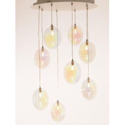 UVA SOSPENSIONE ROTONDA 8 LUCI D60 CM CON SFERE IN VETRO IRIDESCENTE E ROSONE IN 4 COLORI LAMPADINE G9 2