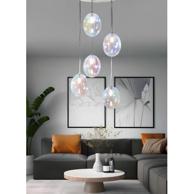 UVA SOSPENSIONE ROTONDA 5 LUCI D60 CM CON SFERE IN VETRO IRIDESCENTE E ROSONE IN 4 COLORI LAMPADINE G9