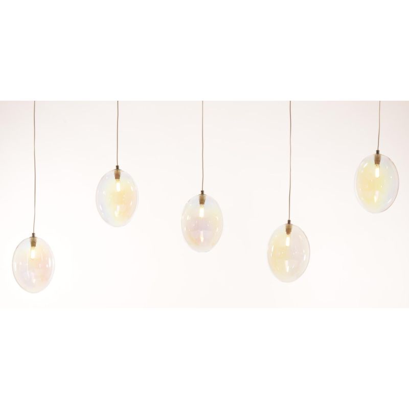 UVA SOSPENSIONE 5 LUCI LINEARE CON SFERE IN VETRO IRIDESCENTE METALLO 4 COLORI L130 CM LAMPADINE G9