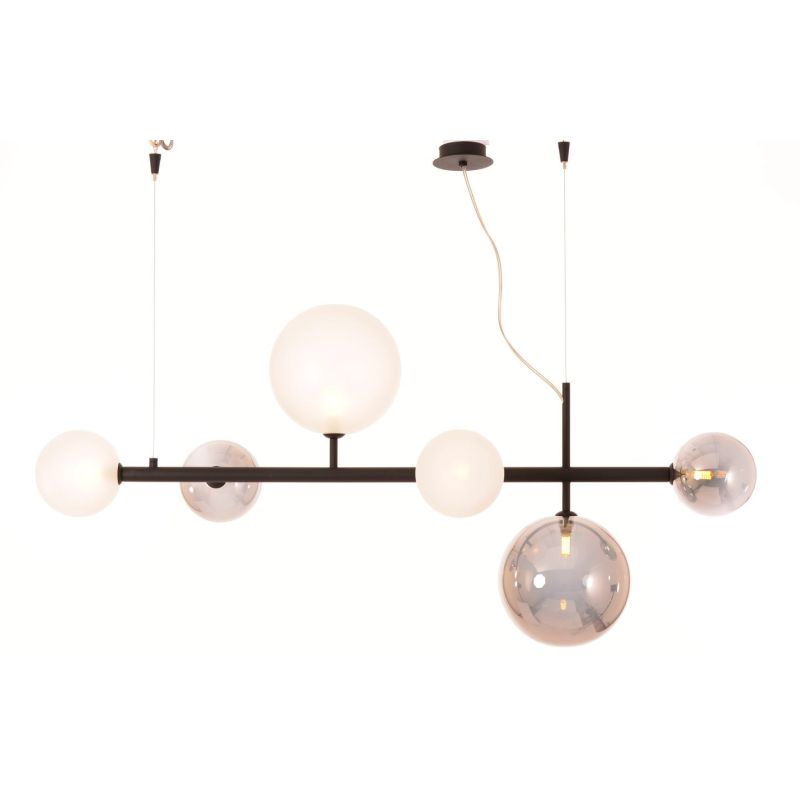 BOLLE 6 SOSPENSIONE LINEARE 6 LUCI MODERNA IN METALLO NERO CON SFERE IN VETRO COLORATO