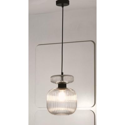 GRETA SOSPENSIONE SINGOLA IN VETRO RIGATO AMBRA O TRASPARENTE 2 MISURE LAMPADINA ATTACCO E27 MODERNA