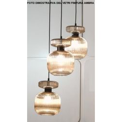 GRETA SOSPENSIONE ROTONDA 3 LUCI IN VETRO RIGATO AMBRA O TRASPARENTE D20 CM LAMPADINE ATTACCO E27 2