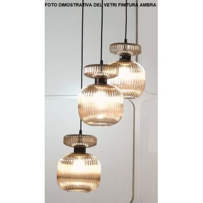 GRETA SOSPENSIONE ROTONDA 3 LUCI IN VETRO RIGATO AMBRA O TRASPARENTE D20 CM LAMPADINE ATTACCO E27