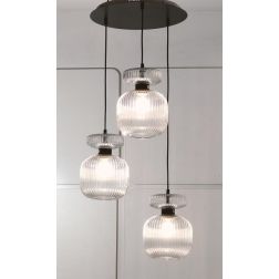 GRETA SOSPENSIONE ROTONDA 3 LUCI IN VETRO RIGATO AMBRA O TRASPARENTE D20 CM LAMPADINE ATTACCO E27