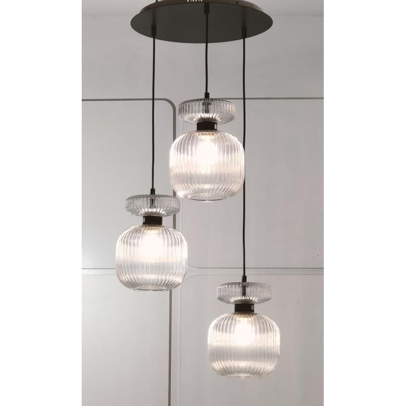 GRETA SOSPENSIONE ROTONDA 3 LUCI IN VETRO RIGATO AMBRA O TRASPARENTE D20 CM LAMPADINE ATTACCO E27
