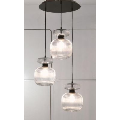 GRETA SOSPENSIONE ROTONDA 3 LUCI IN VETRO RIGATO AMBRA O TRASPARENTE D20 CM LAMPADINE ATTACCO E27