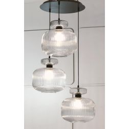 GRETA SOSPENSIONE ROTONDA 3 LUCI IN VETRO RIGATO AMBRA O TRASPARENTE D30 CM LAMPADINE ATTACCO E27