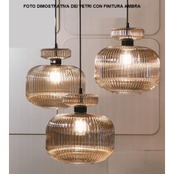 GRETA SOSPENSIONE ROTONDA 3 LUCI IN VETRO RIGATO AMBRA O TRASPARENTE D30 CM LAMPADINE ATTACCO E27 2
