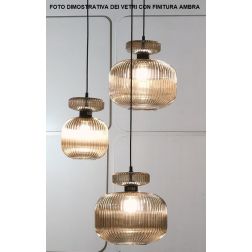 GRETA SOSPENSIONE ROTONDA 3 LUCI MISTA IN VETRO RIGATO AMBRA O TRASPARENTE LAMPADINE ATTACCO E27 2
