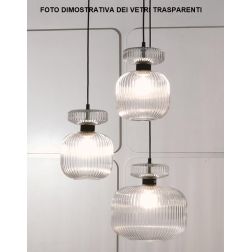 GRETA SOSPENSIONE ROTONDA 3 LUCI MISTA IN VETRO RIGATO AMBRA O TRASPARENTE LAMPADINE ATTACCO E27 2