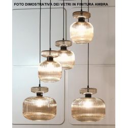 GRETA SOSPENSIONE ROTONDA 5 LUCI MISTA IN VETRO RIGATO AMBRA O TRASPARENTE LAMPADINE ATTACCO E27 2