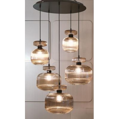 GRETA SOSPENSIONE ROTONDA 5 LUCI MISTA IN VETRO RIGATO AMBRA O TRASPARENTE LAMPADINE ATTACCO E27