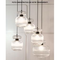 GRETA SOSPENSIONE ROTONDA 5 LUCI MISTA IN VETRO RIGATO AMBRA O TRASPARENTE LAMPADINE ATTACCO E27 2